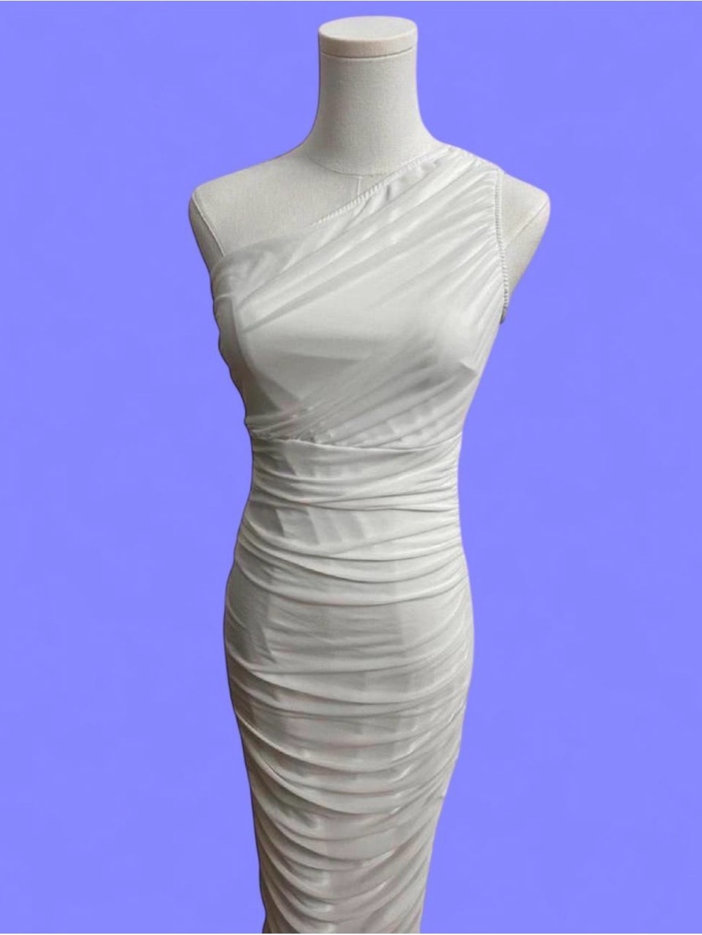 Elegant One-Shoulder White Ruched Midi Dress